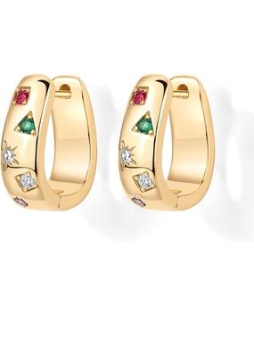 14K Gold Plated 925 Sterling Multi-Gem Huggie Hoop CZ Earrings